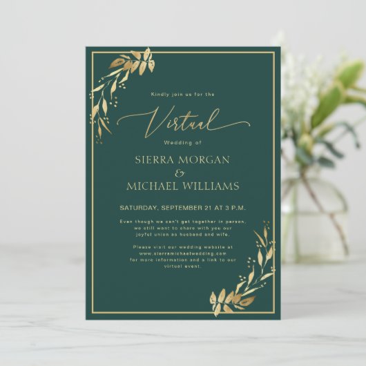 Virtual Wedding Chic Golden Foliage Emerald Green Kaart (Staand voorkant)