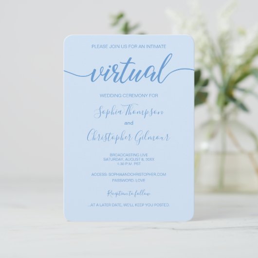 VIRTUAL Wedding Dusty Blue Chic Custom Kaart (Staand voorkant)