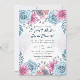 Virtual Wedding Dusty Blue Roos en Pink Floral Kaart