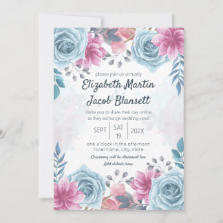 Virtual Wedding Dusty Blue Roos en Pink Floral Kaart