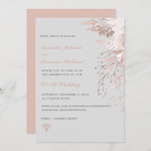 Virtual Wedding WiFi Zoom Dusty Roos Grijs Bloemen Kaart (Voorkant / Achterkant)