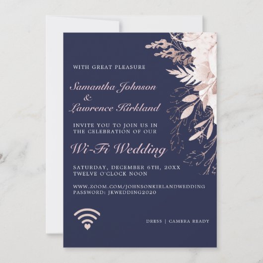Virtual WiFi Wedding Dusty Roos Floral Navy Blue Kaart (Voorkant)