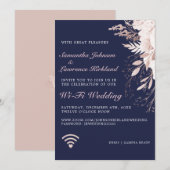 Virtual WiFi Wedding Dusty Roos Floral Navy Blue Kaart (Voorkant / Achterkant)