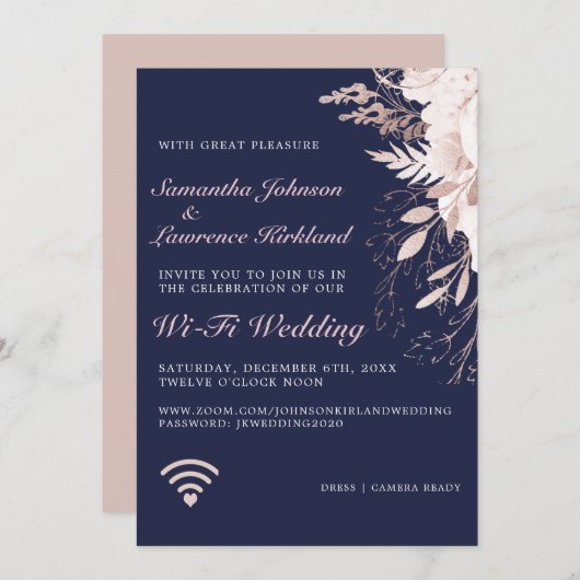 Virtual WiFi Wedding Dusty Roos Floral Navy Blue Kaart (Voorkant / Achterkant)