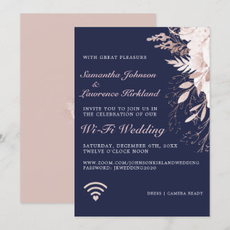 Virtual WiFi Wedding Dusty Roos Floral Navy Blue Kaart