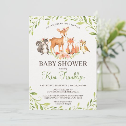 Virtual Woodland Baby shower Invitation Aankondiging (Staand voorkant)