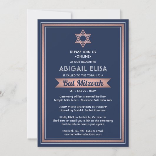 Virtual Zoom Bat Mitzvah Navy Blauw Roze Rose Goud Kaart (Voorkant)