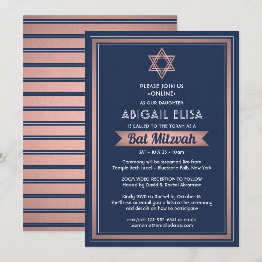 Virtual Zoom Bat Mitzvah Navy Blauw Roze Rose Goud Kaart (Voorkant / Achterkant)