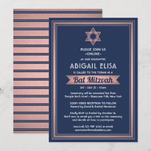 Virtual Zoom Bat Mitzvah Navy Blauw Roze Rose Goud Kaart