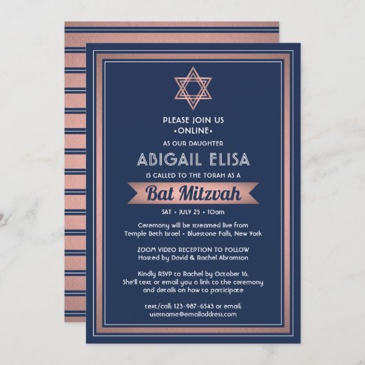 Virtual Zoom Bat Mitzvah Navy Blauw Roze Rose Goud Kaart (Voorkant / Achterkant)