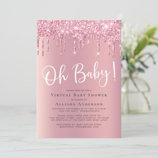 Virtueel Baby shower glitter-riem roze Kaart (Staand voorkant)