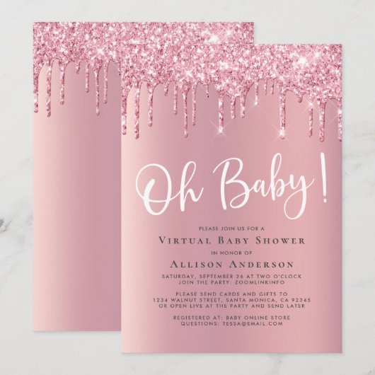 Virtueel Baby shower glitter-riem roze Kaart (Voorkant / Achterkant)