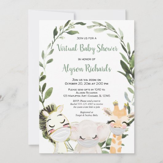 Virtueel baby shower groenbeesten met maskers kaart (Voorkant)