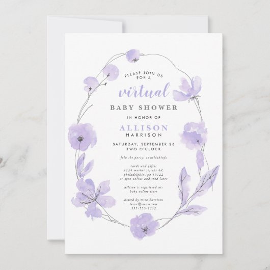 virtueel Baby shower | Lavendel Bloemen Waterverf Kaart (Voorkant)