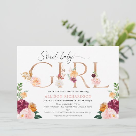 Virtueel baby shower meisje roos gouden bordeauxro kaart (Staand voorkant)