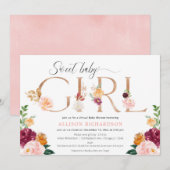 Virtueel baby shower meisje roos gouden bordeauxro kaart (Voorkant / Achterkant)