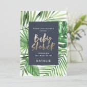 virtueel baby shower met tropisch palmgoudscript save the date (Staand voorkant)