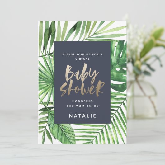 virtueel baby shower met tropisch palmgoudscript save the date (Staand voorkant)