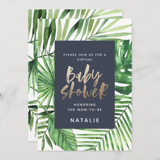 virtueel baby shower met tropisch palmgoudscript save the date (Voorkant / Achterkant)