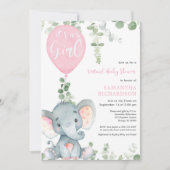 Virtueel baby shower olifant roze ballonnen meisje kaart (Voorkant)