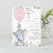 Virtueel baby shower olifant roze ballonnen meisje kaart (Staand voorkant)