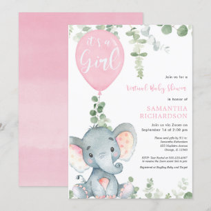 Virtueel baby shower olifant roze ballonnen meisje kaart