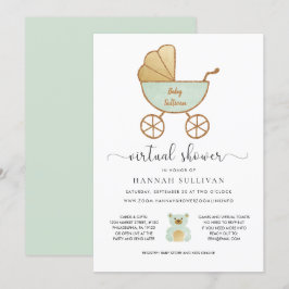 Virtueel Baby shower | Retro Carriage Green Gold Kaart