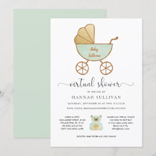 Virtueel Baby shower Retro Carriage Green Gold Kaart
