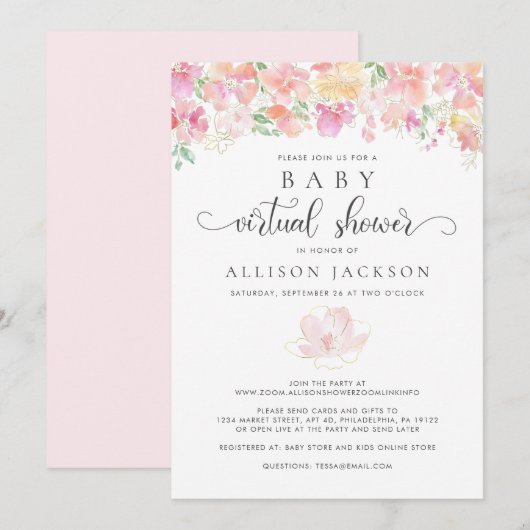 Virtueel Baby shower | roze gouden bloemige Waterv Kaart (Voorkant / Achterkant)