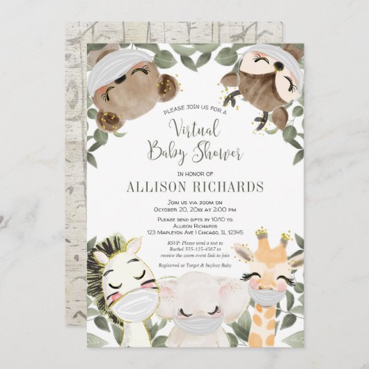 Virtueel baby shower schattige dieren met maskers kaart (Voorkant / Achterkant)