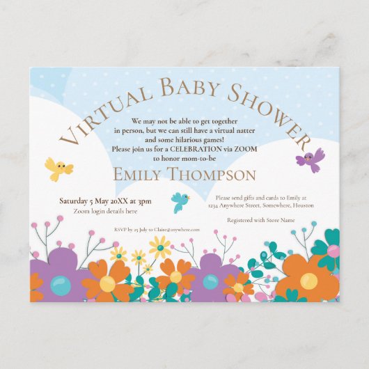 Virtueel Baby shower Simplistische Bloemen Vogels Uitnodiging Briefkaart (Voorkant)