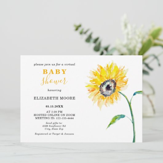 Virtueel Baby shower Zonnebloemthema Neutraal zoom Kaart (Staand voorkant)