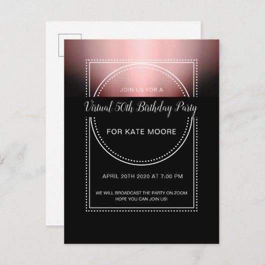 Virtueel verjaardagsfeest Metallic Roze Goud Zwart Uitnodiging Briefkaart (Voorkant / Achterkant)