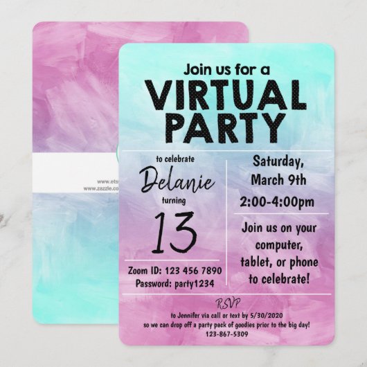 Virtueel verjaardagsfeest watercolor ontwerp kaart (Voorkant / Achterkant)