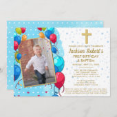 Virtuele 1e Verjaardag Doop Blauw Goud Tekst Foto Kaart (Voorkant / Achterkant)