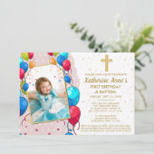 Virtuele 1e Verjaardag Doop Roze Gouden Tekst Foto Kaart (Staand voorkant)