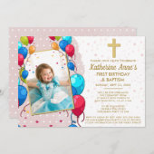 Virtuele 1e Verjaardag Doop Roze Gouden Tekst Foto Kaart (Voorkant / Achterkant)