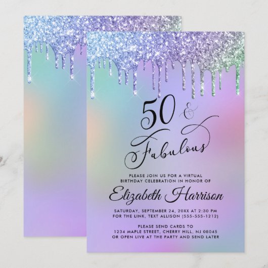 Virtuele 50e verjaardag Rainbow Glitter Kaart (Voorkant / Achterkant)