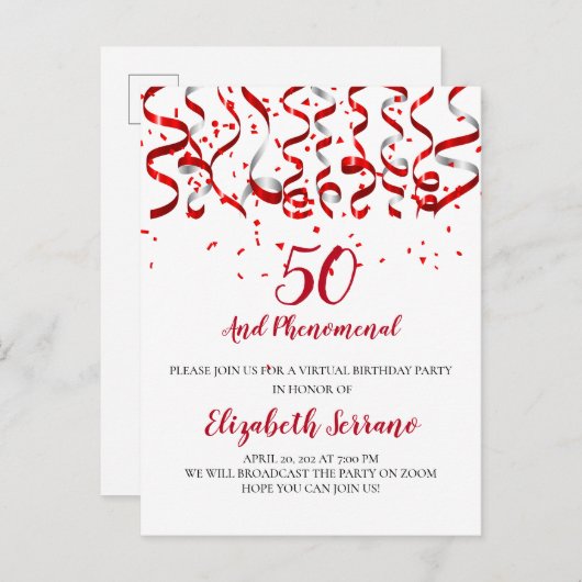 Virtuele 50e verjaardag Red Streamers van de Parti Uitnodiging Briefkaart (Voorkant / Achterkant)