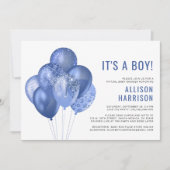 Virtuele Baby Boy Douche Blauwe Glitter Ballonnen Kaart (Voorkant)