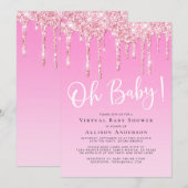 Virtuele Baby Meisje Douche Glitter Drip Roze Kaart (Voorkant / Achterkant)