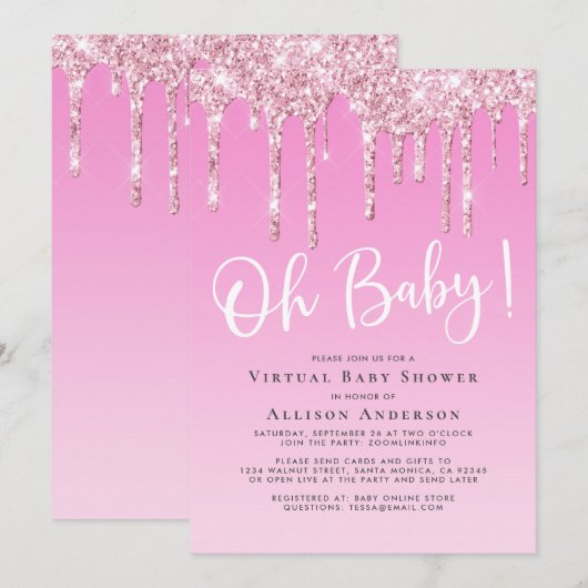 Virtuele Baby Meisje Douche Glitter Drip Roze Kaart (Voorkant / Achterkant)