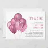 Virtuele Baby Meisje Douche Roze Glitter Ballonnen Kaart (Voorkant)