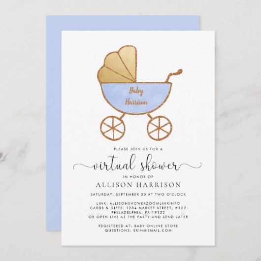 Virtuele baby-schoentetroepootwagen (blauw) kaart (Voorkant / Achterkant)