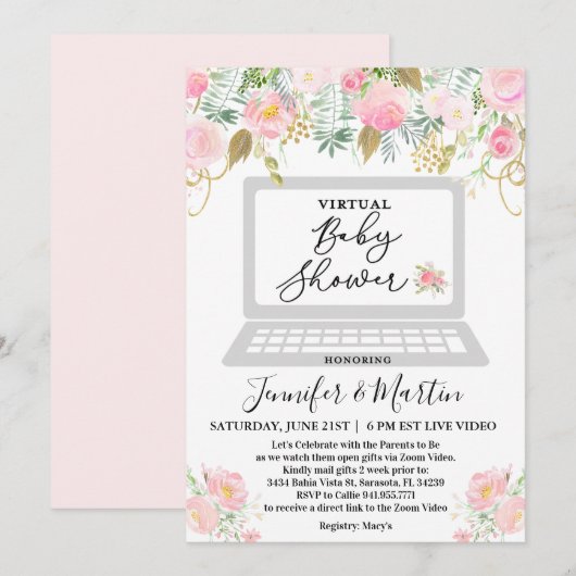 Virtuele baby shower bloemen uitnodiging (Voorkant / Achterkant)