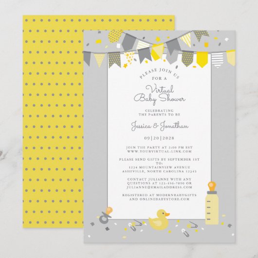 Virtuele Baby shower Geel Grijs Kute Banner Modern Kaart (Voorkant / Achterkant)