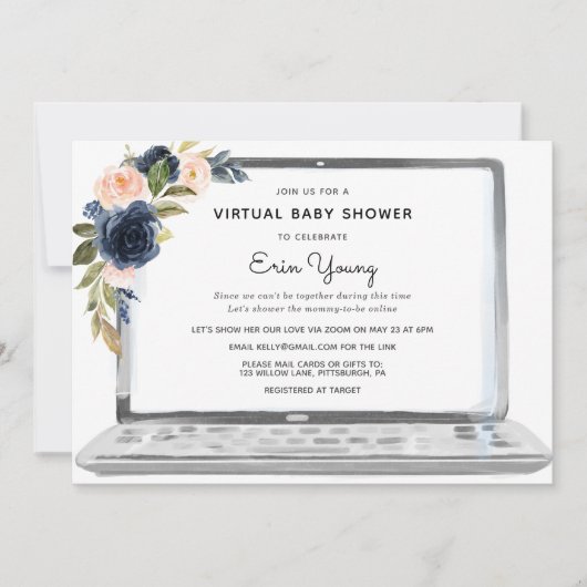 Virtuele Baby Shower Laptop Navy & Blush Bloemen Kaart (Voorkant)
