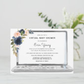 Virtuele Baby Shower Laptop Navy & Blush Bloemen Kaart (Staand voorkant)