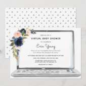 Virtuele Baby Shower Laptop Navy & Blush Bloemen Kaart (Voorkant / Achterkant)