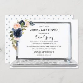 Virtuele Baby Shower Laptop Navy & Blush Bloemen Kaart